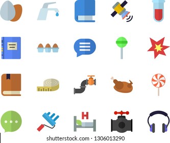 Color flat icon set paint roller flat vector, faucet, egg, chicken, lollipop, main pipeline, blood test, hospital bed, book, satellit, spark, textbook, centimeter, chat, headset