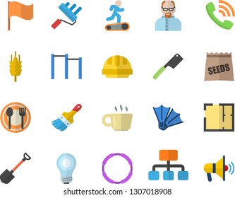 Color flat icon set paint brush flat vector, roller, house layout, hard hat, knives, table setting, seeds, ear, shovel, hierarchy, phone call, flag, coffee, bulb, scientist, parallel bars, Treadmill