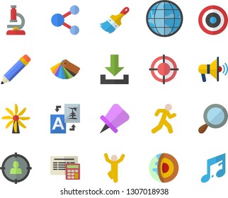 Color flat icon set paint brush flat vector, color scheme, calculator, windmill, target audience, earth, microscope, pencil, core of the fector, gymnastics, run, mouthpiece, share, download, note