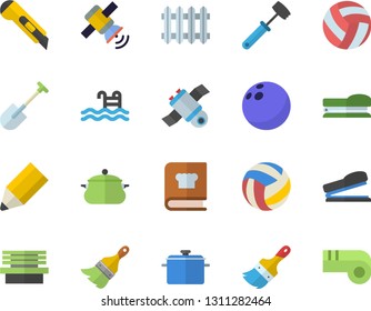 Color flat icon set paint brush flat vector, stationery knife, saucepan, meat hammer, cookbook, shovel, bench, radiator, pencil, stapler, satellit, bowling ball, volleyball, pool, whistle