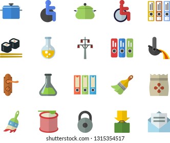 Color flat icon set paint brush flat vector, door lock, saucepan, fish rolls, seeds, chemistry, power line support, metallurgy, disabled, folder, folders for papers, weight, steroids, message