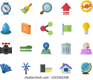 Color flat icon set paint brush flat vector, groats, windmill, house, main pipeline, lamp, drop, molecules, flag, sell out, phone operator, stapler, hotel first line fector, flippers, compass, globe