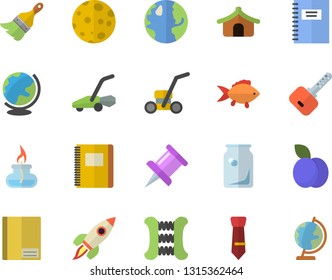 Color flat icon set paint brush flat vector, fish, plum, lawn mower, earth, glass bottles, notebook, drawing pin, tie, rocket, moon, gas burner, carpal expander, tent fector, key, globe