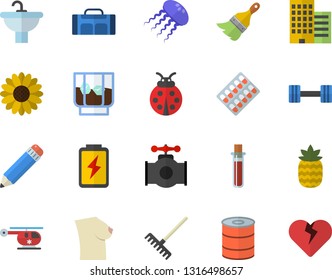Color flat icon set paint brush flat vector, sink, skyscraper, canned food, whiskey, pineapple, flower, ladybird, rake, battery, main pipeline, pill packaging, blood test, helicopter, breast, pencil