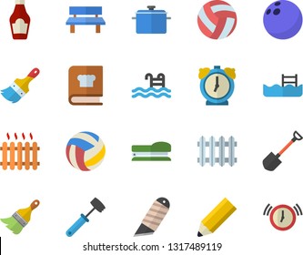 Color flat icon set paint brush flat vector, stationery knife, saucepan, meat hammer, cookbook, ketchup, shovel, bench, radiator, stapler, pencil, bowling ball, volleyball, pool, alarm clock