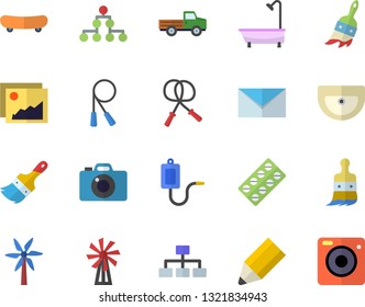 Color flat icon set paint brush flat vector, sink, shower, windmill, pickup truck, pill packaging, medical warmer, pencil, mail, classification, skateboard, skipping rope, gallery, camera
