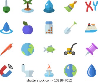 Color flat icon set paint brush flat vector, toilet, fish, plum, shovel, lawn mower, earth, drop, magnet, chromosomes, drawing pin, pen, gas burner, vitamins, fector, island, cruise ship, key