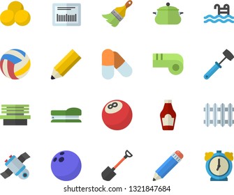Color flat icon set paint brush flat vector, saucepan, meat hammer, ketchup, shovel, bench, radiator, barcode, pencil, stapler, satellit, bowling ball, volleyball, pills, pool, whistle, alarm clock