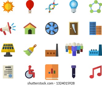 Color flat icon set paint brush flat vector, Entrance door, skyscraper, sun, ventilation, solar battery, lamp, manufactory, team, mouthpiece, book balance accounting, disabled, DNA, tie, contract