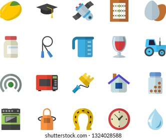 Color flat icon set paint roller flat vector, meashuring cup, apron, electric stove, microwave, lemon, egg, wine, horseshoe, tractor, house, abacus, satellit, bachelor cap, vitamins, skipping rope