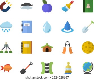 Color flat icon set paint brush flat vector, fish, plum, shovel, rain, drop, magnet, hierarchy, moon, notebook, carpal expander, tent fector, globe