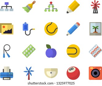 Color flat icon set paint brush flat vector, sink, plum, windmill, pill packaging, medical warmer, printer, pencil, classification, bowling ball, skipping rope, tennis, photo fector, gallery, camera