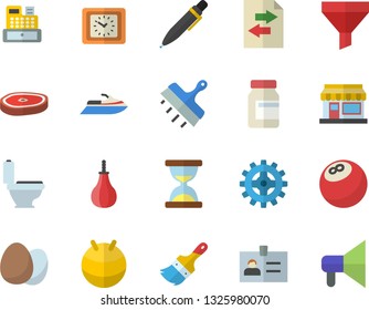 Color flat icon set paint brush flat vector, toilet, putty knife, egg, chop, grain warehouse, cogwheel, funnel, clock, cash machine, pen, bowling ball, vitamins, sports pear, fitball, file sharing