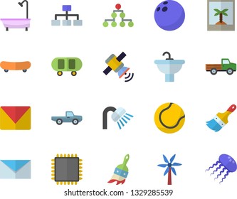 Color flat icon set paint brush flat vector, sink, shower, windmill, pickup truck, mail, satellit, cpu, classification, bowling ball, skateboard, tennis, photo fector, jellyfish