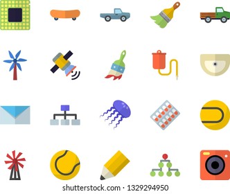 Color flat icon set paint brush flat vector, sink, windmill, pickup truck, pill packaging, medical warmer, pencil, mail, satellit, cpu, classification, skateboard, tennis ball, jellyfish fector