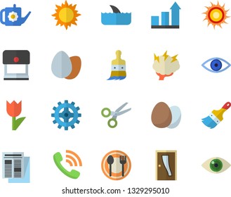 Color flat icon set paint brush flat vector, Entrance door, egg, table setting, watering can, tulip, sun, cogwheel, phone call, news, eye, brainstorm, achievement chart, fector, shark, scissors