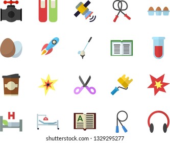 Color flat icon set paint roller flat vector, scissors, egg, coffe, main pipeline, rocket, blood test, hospital bed, book, satellit, spark, skipping rope, golf fector, headset