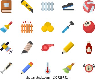 Color flat icon set paint brush flat vector, stationery knife, meat hammer, cookbook, blender, temperature, ketchup, radiator, stapler, pencil, satellit, whistle, bowling ball, volleyball, pills