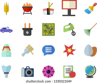 Color flat icon set paint brush flat vector, mixer, barbecue, egg, spaghetti on a fork, sashimi, ear, flower, rake, plug socket, autopilot, billboard, nurse, implant, spark, electronic circuit, diet