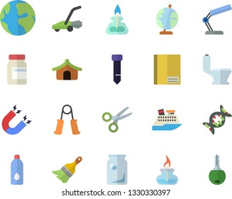 Color flat icon set paint brush flat vector, toilet, lawn mower, glass bottles, earth, notebook, reading lamp, tie, gas burner, globe, magnet, dna, vitamins, carpal expander, water, tent fector, key