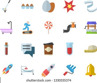 Color flat icon set paint roller flat vector, shower, egg, lollipop, coffe, well, main pipeline, rocket, chat, blood test, hospital bed, spark, centimeter, Treadmill, golf fector, bell