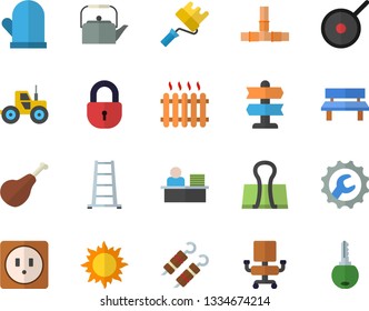 Color flat icon set paint roller flat vector, pipes, sockets, repair, teflon, teapot, potholder, ham, shashlik, tractor, ladder, sun, bench, radiator, office chair, worker, pointer fector, lock, key