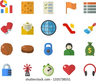 Color flat icon set paint brush flat vector, stopwatch, cheese, cutlet, windmill, earth, wealth, statistics, flag, to do list, weight, boxing gloves, escalator fector, menu, message, user, lock