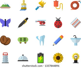 Color flat icon set paint roller flat vector, sink, grater, coffee beans, flower, ladybird, hose, brush, butterflies, battery, pill packaging, medical warmer, helicopter, broken tooth, pen, pencil