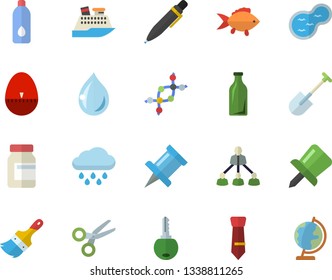 Color flat icon set paint brush flat vector, kitchen egg timer, fish, shovel, rain, pond, glass bottles, drawing pin, tie, hierarchy, pen, dna, vitamins, water, cruise ship fector, scissors, key