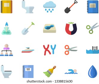 Color flat icon set paint brush flat vector, toilet, shovel, rain, pool, chromosomes, notebook, hierarchy, gas burner, magnet, swimming, yacht fector, scissors, drop