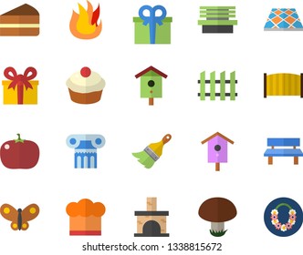 Color flat icon set paint brush flat vector, fence, flooring, cook hat, fire, cupcake, piece of cake, tomato, mushroom, nesting box, butterflies, bench, fireplace, present, antique column fector