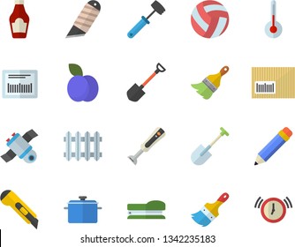 Color flat icon set paint brush flat vector, stationery knife, saucepan, meat hammer, blender, temperature, ketchup, plum, shovel, radiator, barcode, stapler, pencil, satellit, volleyball
