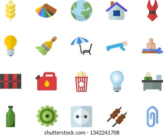 Color flat icon set paint brush flat vector, color scheme, tile, shashlik, popcorn, house, lamp, socket, canister, glass bottles, cogwheel, massage, office worker, bulb, swimsuit, push up, clip