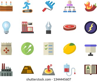 Color flat icon set paint roller flat vector, flooring, warm floor, lemon, cake, chop, hot peppers, seeds, gas station, plant, flipchart, blood transfusion, sperm, ink pen, to do list, hierarchy