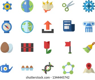 Color flat icon set paint brush flat vector, tile, egg, watering can, tulip, earth, cogwheel, news, molecule, brainstorm, dna, sports flag, antique column fector, compass, scissors, upload, location