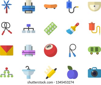 Color flat icon set paint brush flat vector, sink, rolling pin, plum, windmill, pill packaging, medical warmer, printer, mail, classification, bowling ball, skateboard, skipping rope, camera