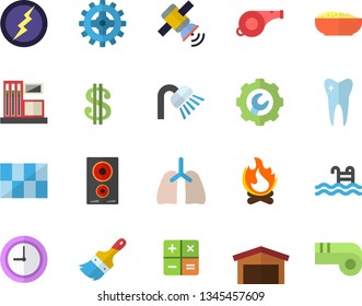 Color flat icon set paint brush flat vector, shower, tile, repair, induction cooker, porridge, bonfire, gas station, cogwheel, warehouse, dollar, calculator, tooth, lungs, clock, satellit, lightning