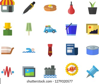 Color flat icon set pancakes flat vector, canned food, piece of cake, ice cream, home plant, bucketful, hydroelectric power station, store front, news, sell out, tie, pen, electric discharge fector