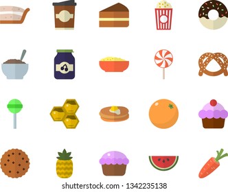 Color flat icon set pancakes flat vector, bagel, cake, watermelon, cupcake, piece of, donut, porridge, lollipop, popcorn, coffe, jam, pineapple, honeycomb, orange, biscuit, carrot