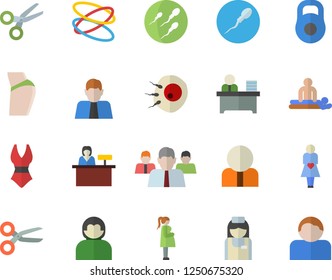 Color flat icon set person flat vector, team, massage, gestation, nurse, sperm, artificial insemination, office worker, weight, buttocks, swimsuit, hoop, reception desk fector, scissors, user