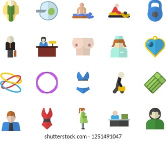 Color flat icon set person flat vector, massage, gestation, nurse, breast, artificial insemination, office worker, businessman, weight, swimsuit, hoop, lose, reception desk fector, heart pendant