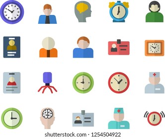 Color flat icon set person flat vector, clock, physician, virus, badge, brain fector, user, alarm