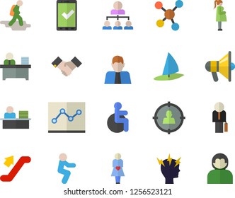 Color flat icon set person flat vector, target audience, disabled, headache, gestation, molecules, office worker, point diagram, hierarchy, agreement, businessman, squats, escalator fector, hike