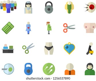 Color flat icon set person flat vector, team, gestation, nurse, breast, sperm, artificial insemination, office worker, businessman, weight, waistline, lose, inflatable mattress fector, heart pendant