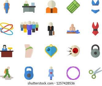 Color flat icon set person flat vector, team, massage, gestation, artificial insemination, office worker, businessman, weight, buttocks, swimsuit, hoop, size, hike fector, reception desk, scissors