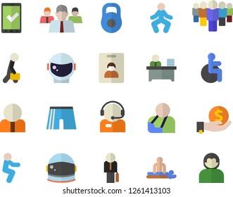 Color flat icon set person flat vector, investments, team, telephone operator, disabled, massage, injury, office worker, businessman, astronaut helmet fector, weight, athletic shorts, gymnastics