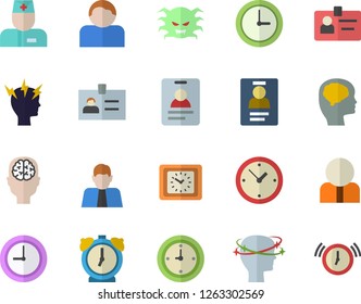 Color flat icon set person flat vector, clock, physician, virus, headache, badge, brain fector, user, alarm