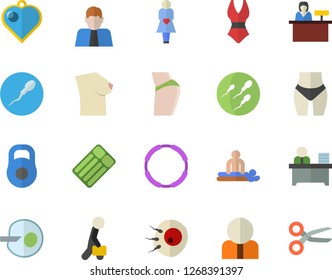 Color flat icon set person flat vector, massage, gestation, breast, sperm, artificial insemination, office worker, businessman, weight, buttocks, waistline, swimsuit, hoop, reception desk fector