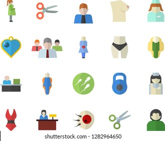 Color flat icon set person flat vector, team, gestation, nurse, breast, sperm, artificial insemination, office worker, weight, waistline, swimsuit, size, lose, reception desk fector, heart pendant