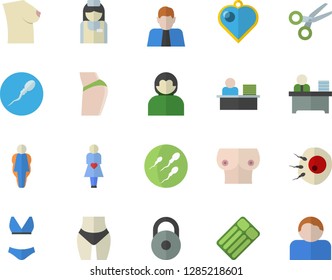 Color flat icon set person flat vector, gestation, nurse, breast, sperm, artificial insemination, office worker, weight, buttocks, waistline, swimsuit, size, inflatable mattress fector, scissors